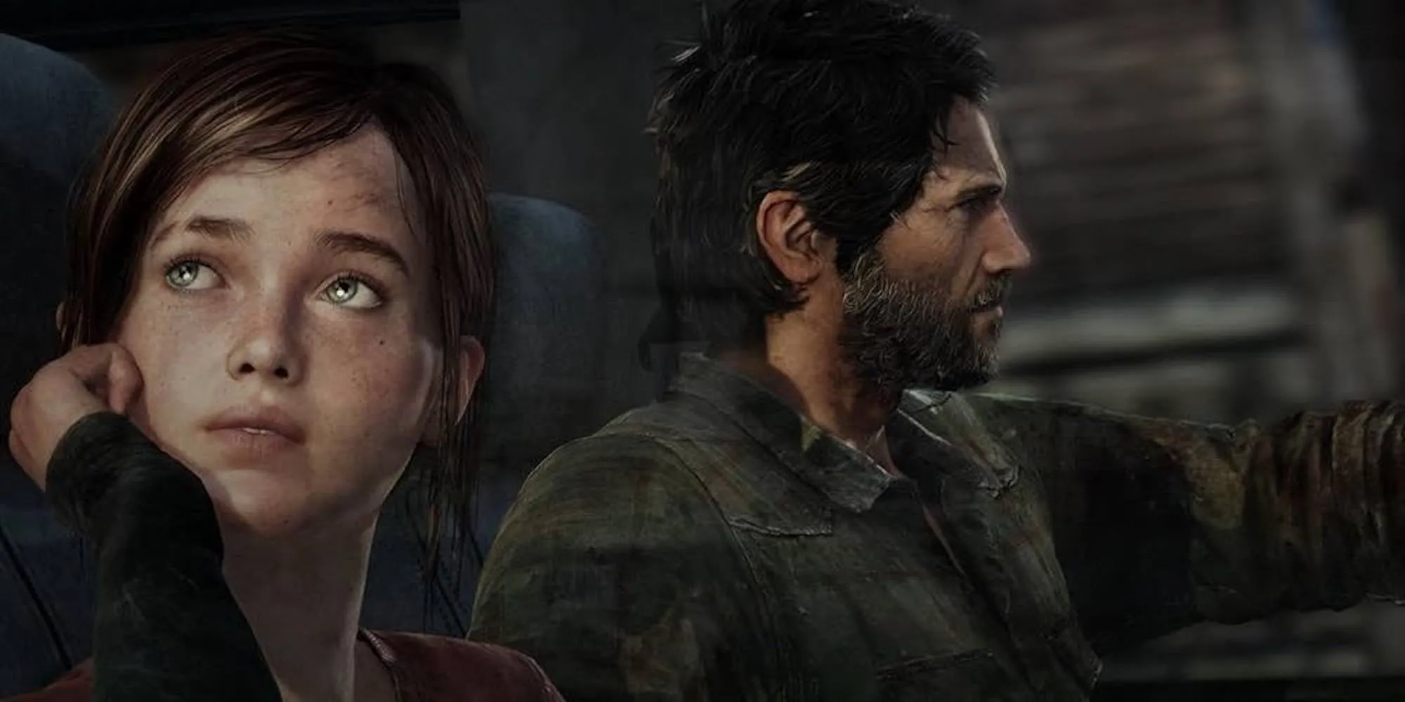 Ellie nhìn ra cửa sổ trong khi Joel lái xe trong The Last of Us, thể hiện sự khác biệt về góc nhìn nhân vật