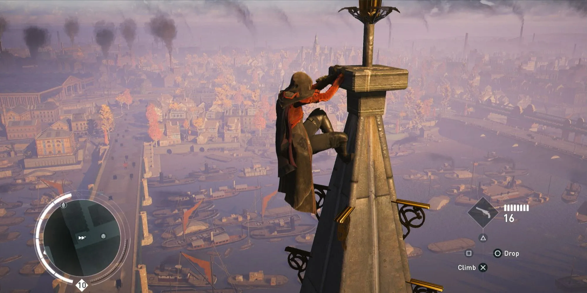 Evie Frye nhìn ra từ đỉnh tháp Big Ben trong Assassin's Creed Syndicate, minh họa cho khả năng leo trèo lên các công trình cao.