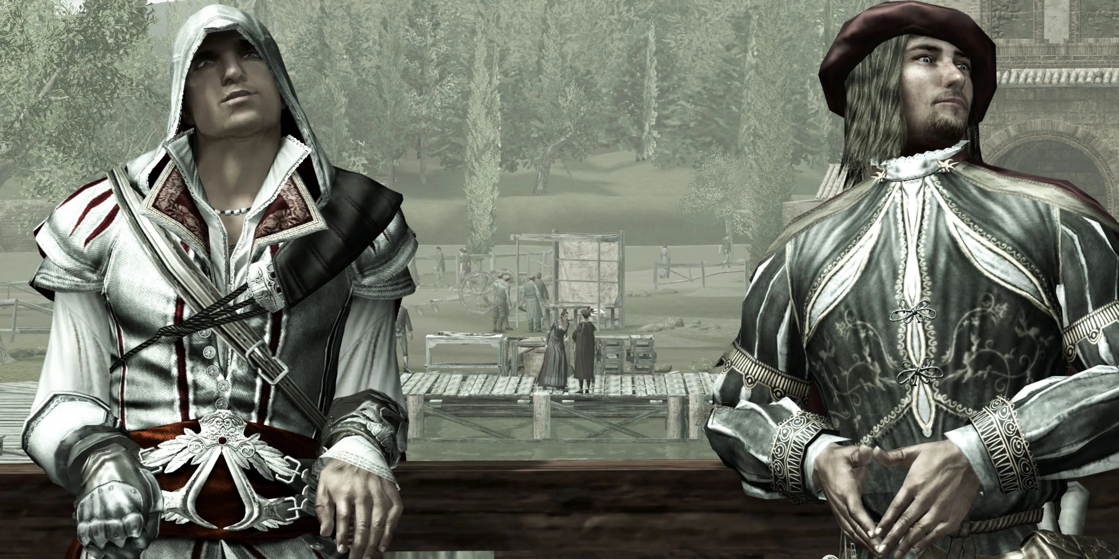 Ezio Auditore và Leonardo da Vinci trong bối cảnh thành phố thời Phục hưng trong Assassin's Creed 2