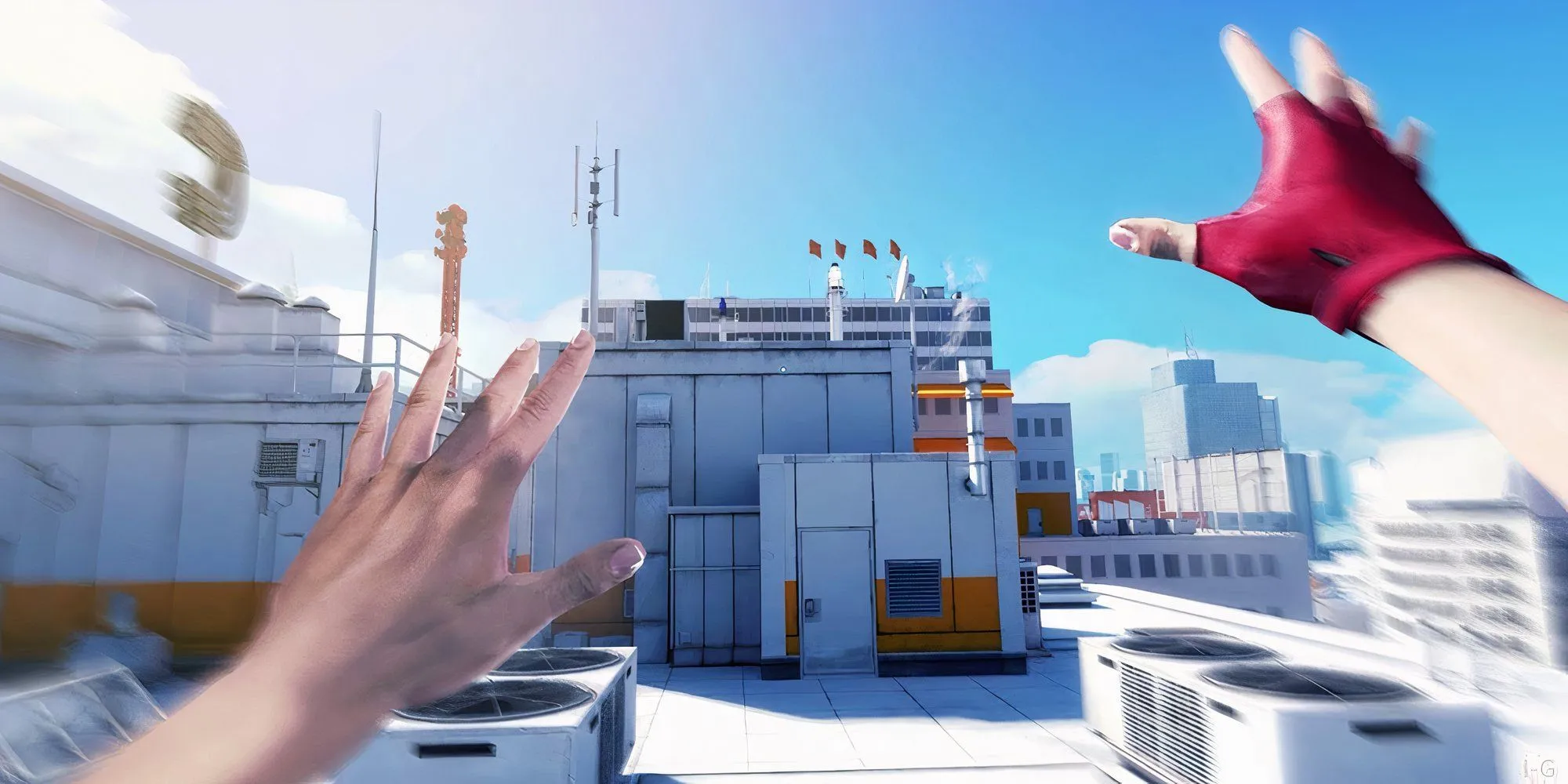 Faith, nhân vật chính của Mirror’s Edge, đang thực hiện parkour trên nóc nhà trong game PS3