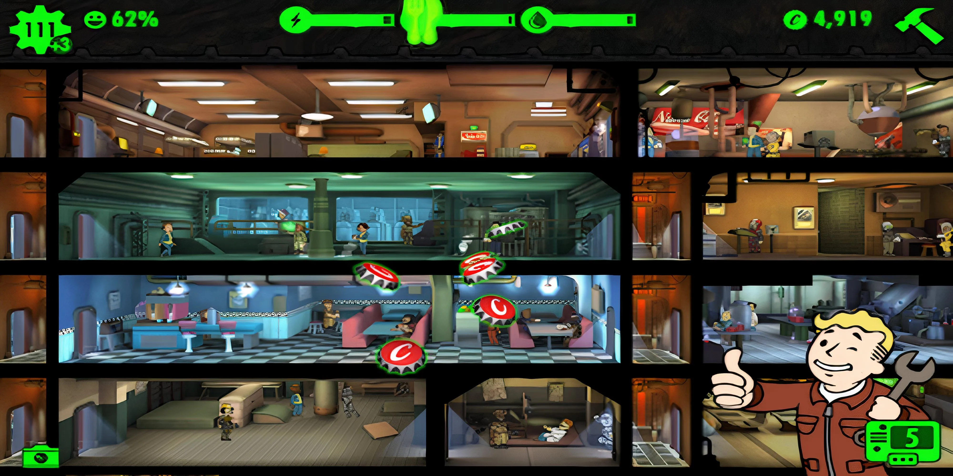 Fallout Shelter: Giao diện quản lý hầm trú ẩn Vault với các phòng chức năng xếp tầng