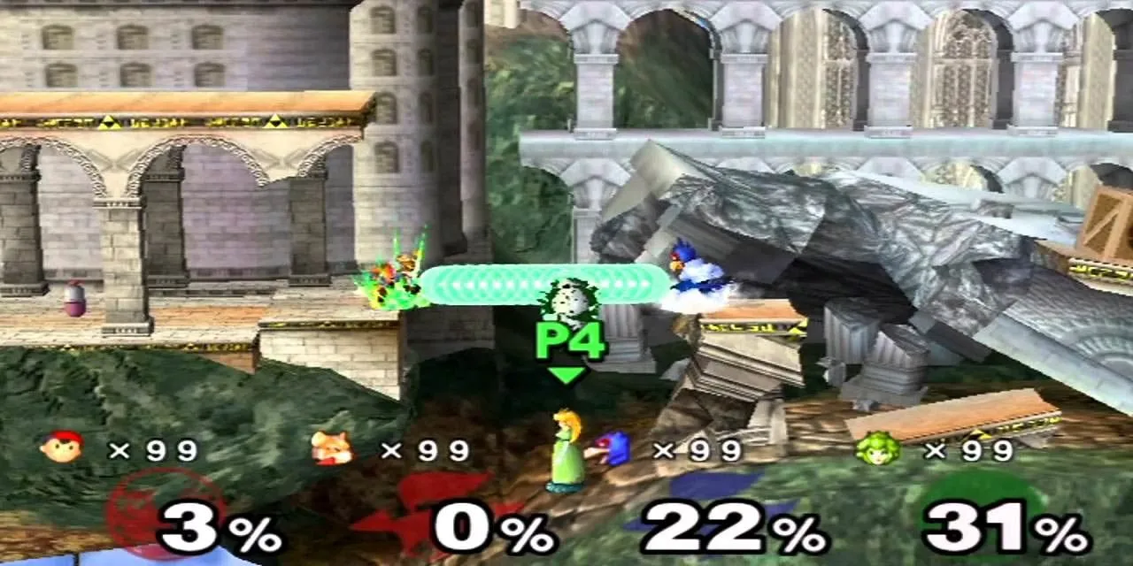 Fox, Falco, và Peach đang chuẩn bị thực hiện Glitch Black Hole trong Super Smash Bros. Melee, một minh chứng cho lỗi có thể trở thành kỹ năng.