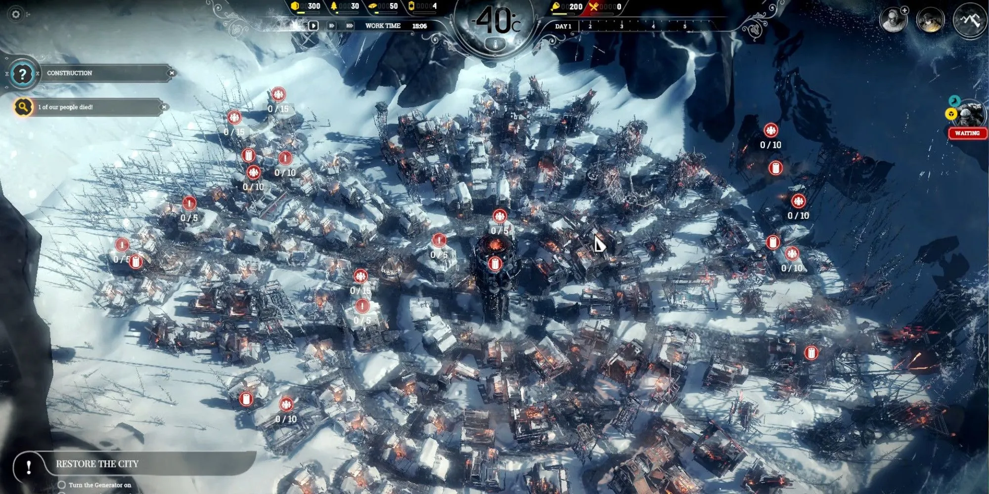 Frostpunk Fall Of Winterhome scenario city in ruins