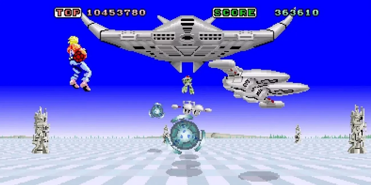 Gameplay bắn súng tốc độ cao và né tránh vật thể trong Space Harrier
