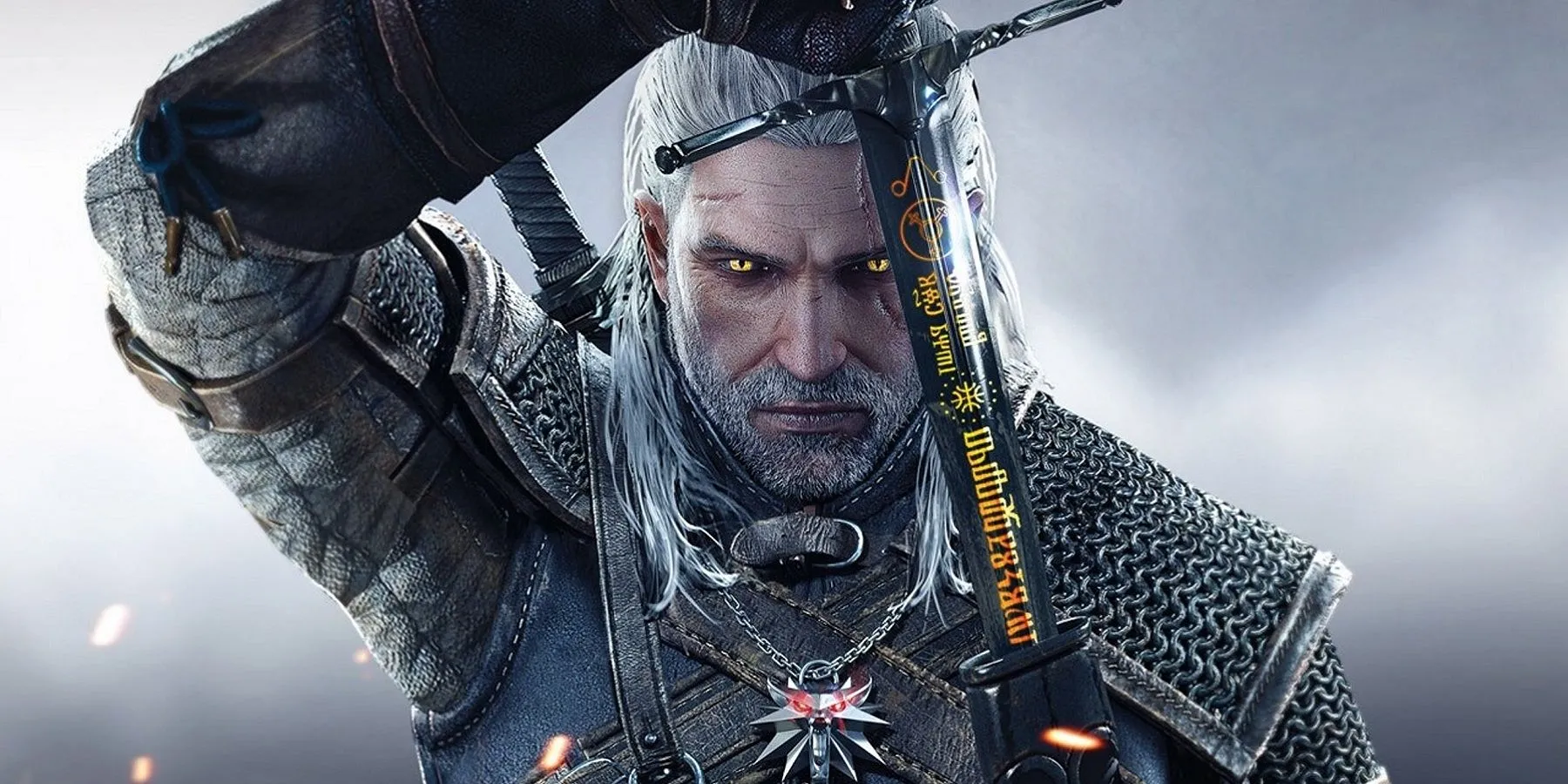 Geralt of Rivia rút kiếm, chuẩn bị cho một trận chiến hoặc hợp đồng quái vật trong The Witcher 3: Wild Hunt