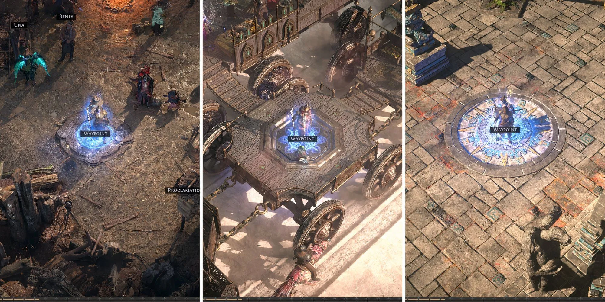 Giao diện bản đồ trong Path of Exile 2 hiển thị ba điểm dịch chuyển Waypoints