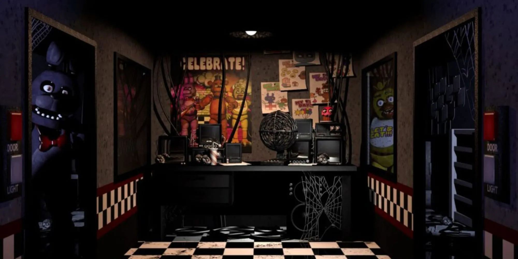 Giao diện camera trong game Five Nights at Freddy's 1, bối cảnh lý thuyết về thời gian diễn ra.