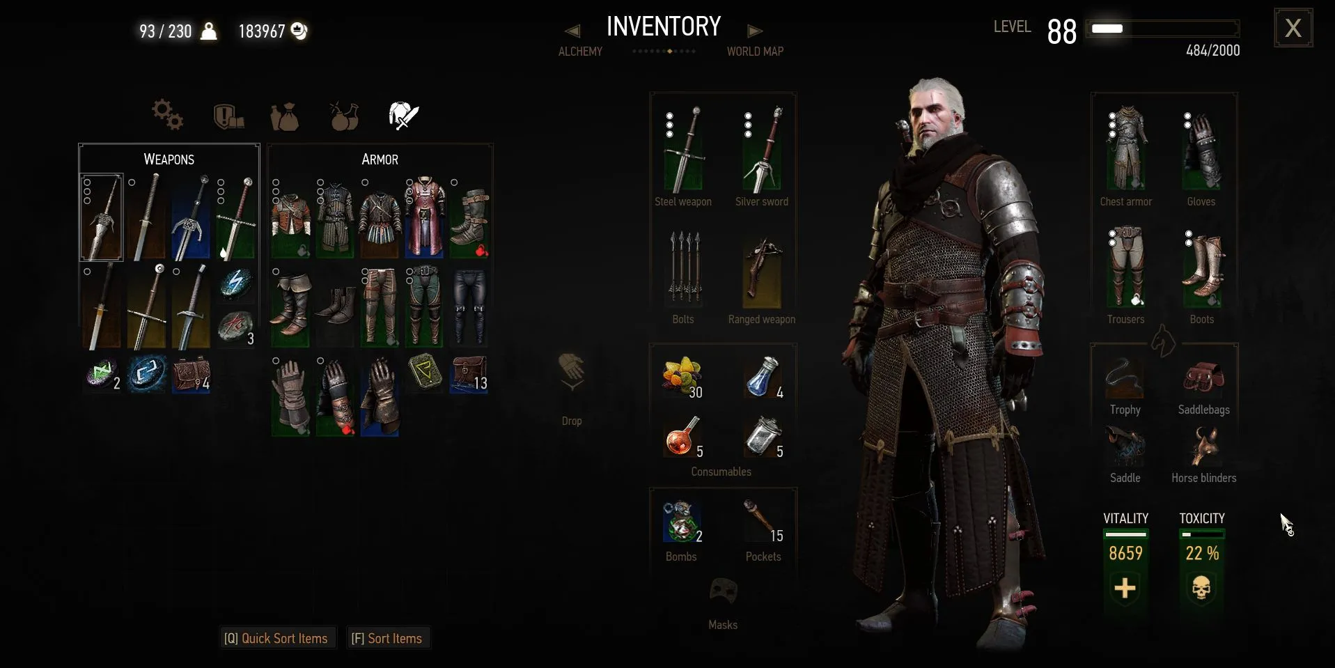 Giao diện cây kỹ năng hoặc trang bị của nhân vật trong The Witcher 3, minh họa các build khác nhau