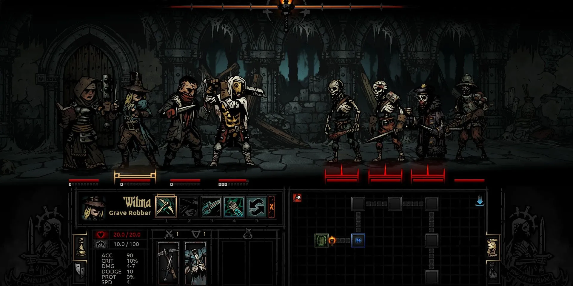 Giao diện chiến đấu tổ đội trong game RPG roguelike Darkest Dungeon