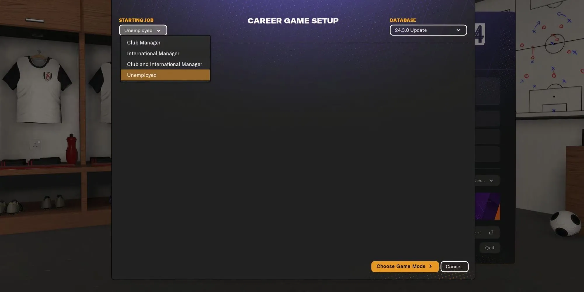 Giao diện Football Manager hiển thị hồ sơ người quản lý thất nghiệp