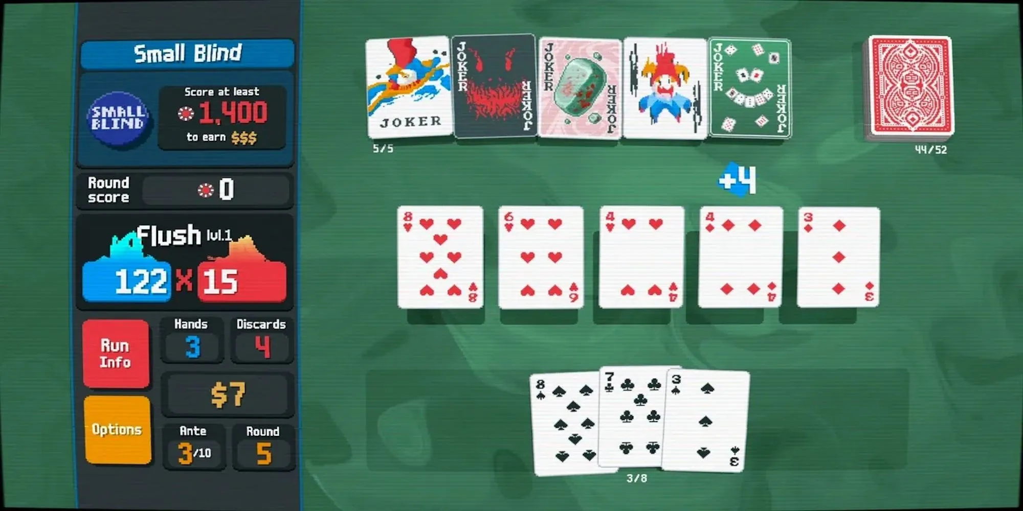 Giao diện game bài roguelike Balatro với các lá bài và điểm số poker