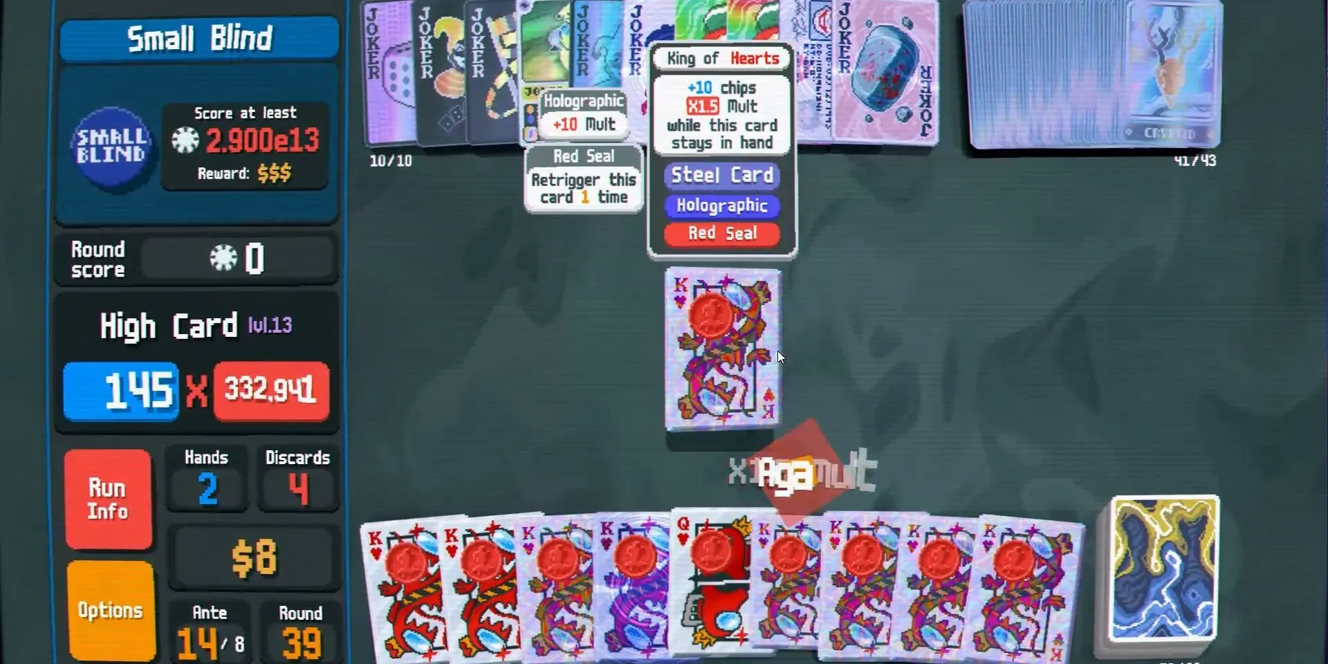 Giao diện game Balatro với seed Slow Climb (QJXK7HE2), hiển thị các Joker và thẻ bài chiến lược