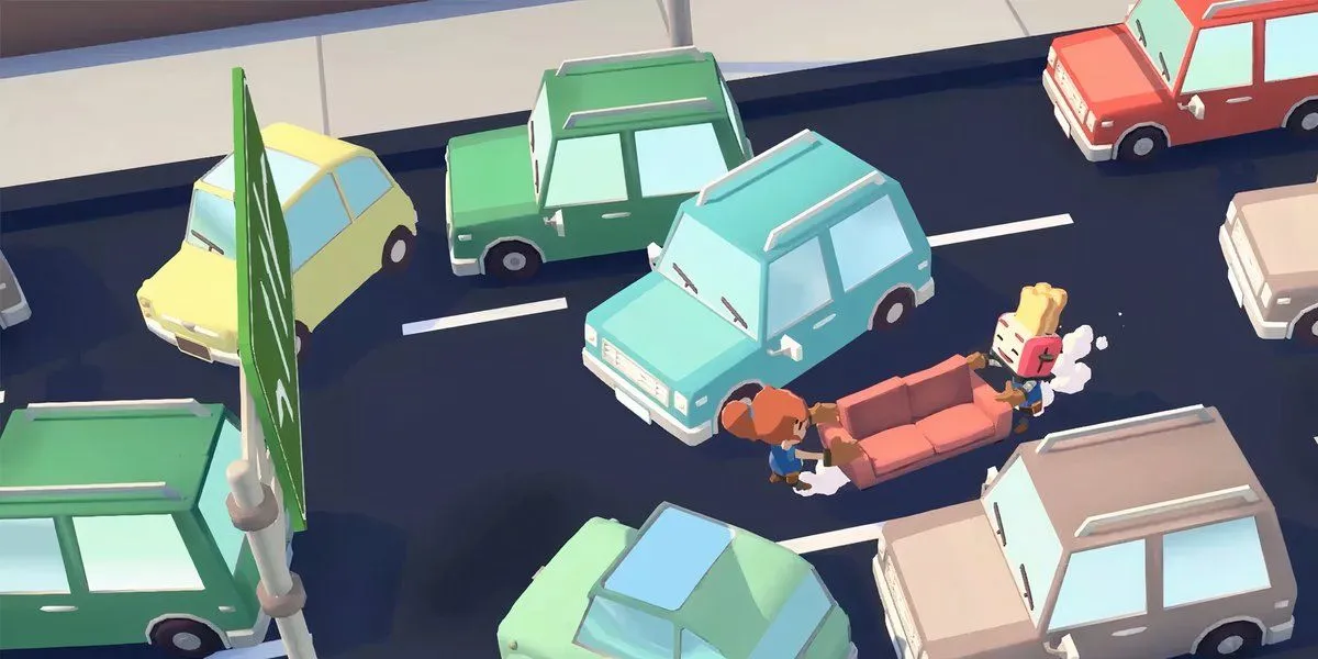 Giao diện game Moving Out với hai nhân vật đang vất vả khiêng ghế sofa