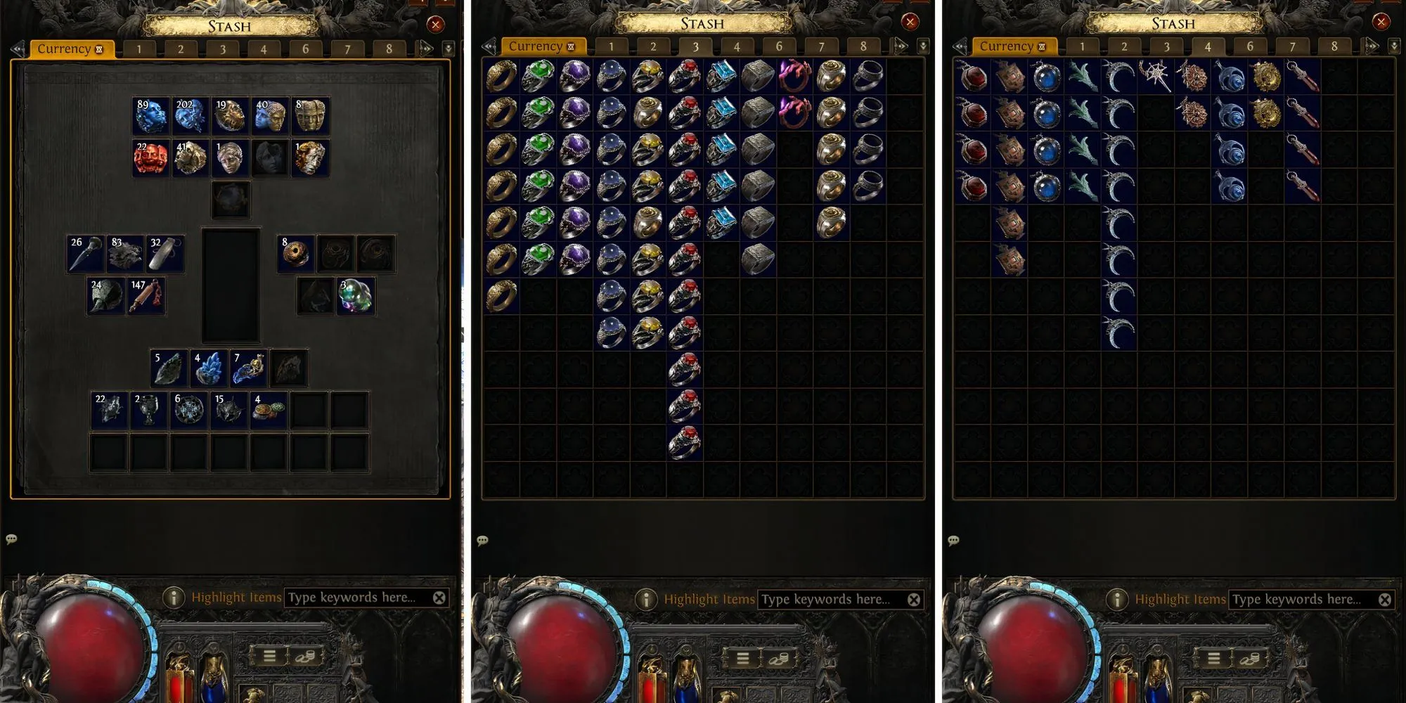 Giao diện Hòm Đồ (Stash) trong Path of Exile 2 hiển thị nhiều tab khác nhau