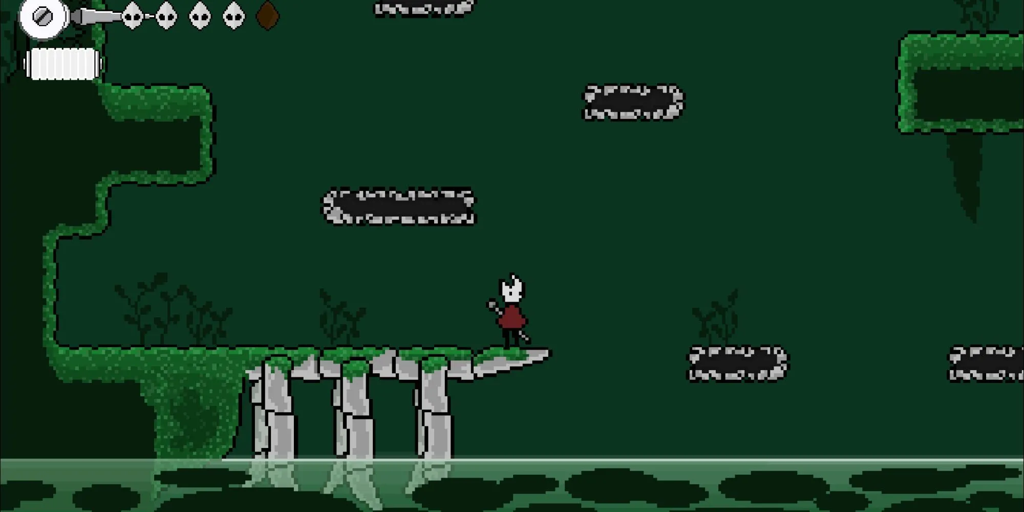 Giao diện màn chơi game Silksong đồ họa pixel, hiển thị nhân vật Hornet