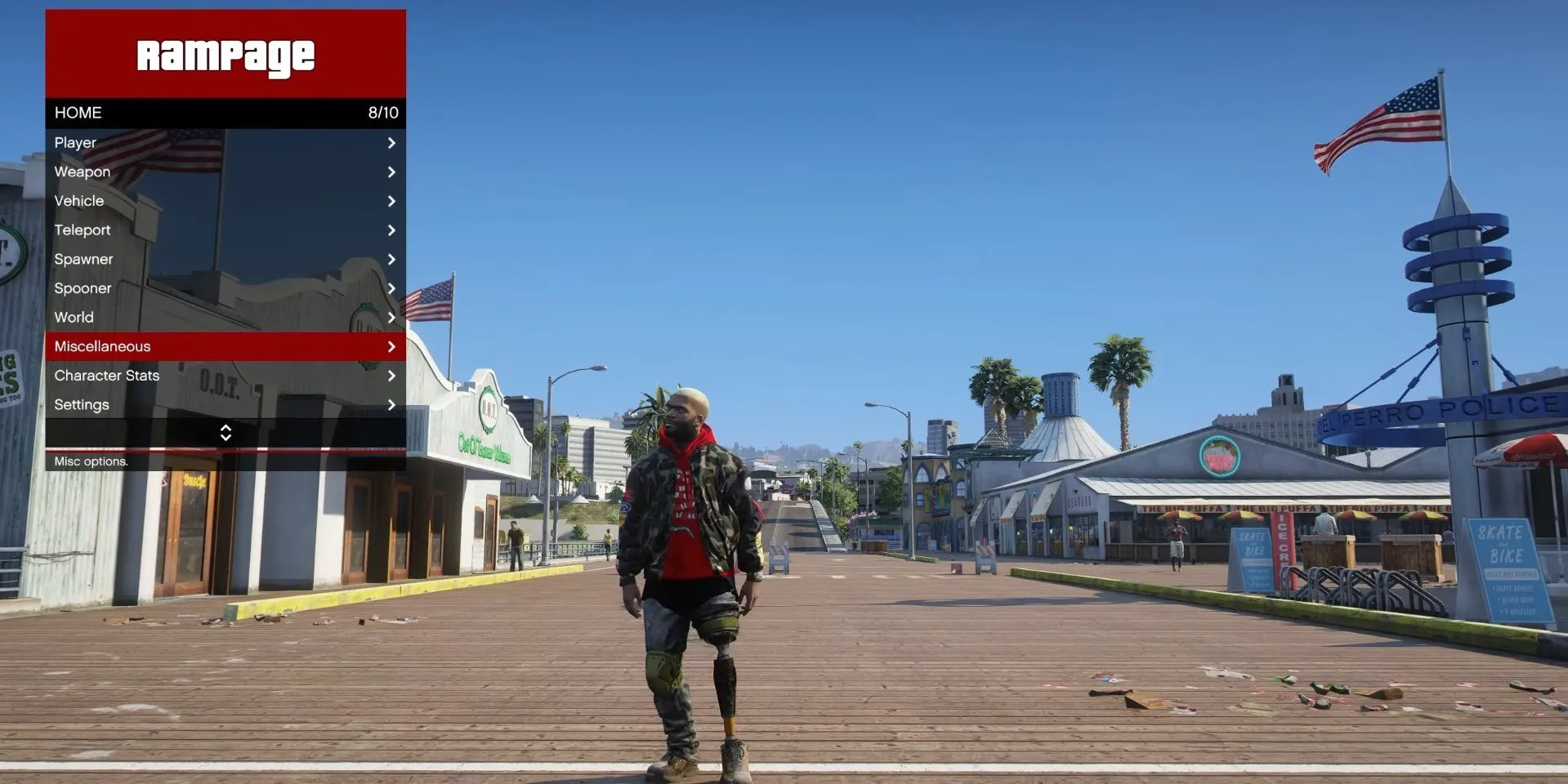Giao diện mod Rampage Trainer hiển thị các tùy chọn cài đặt cho người chơi trong GTA V