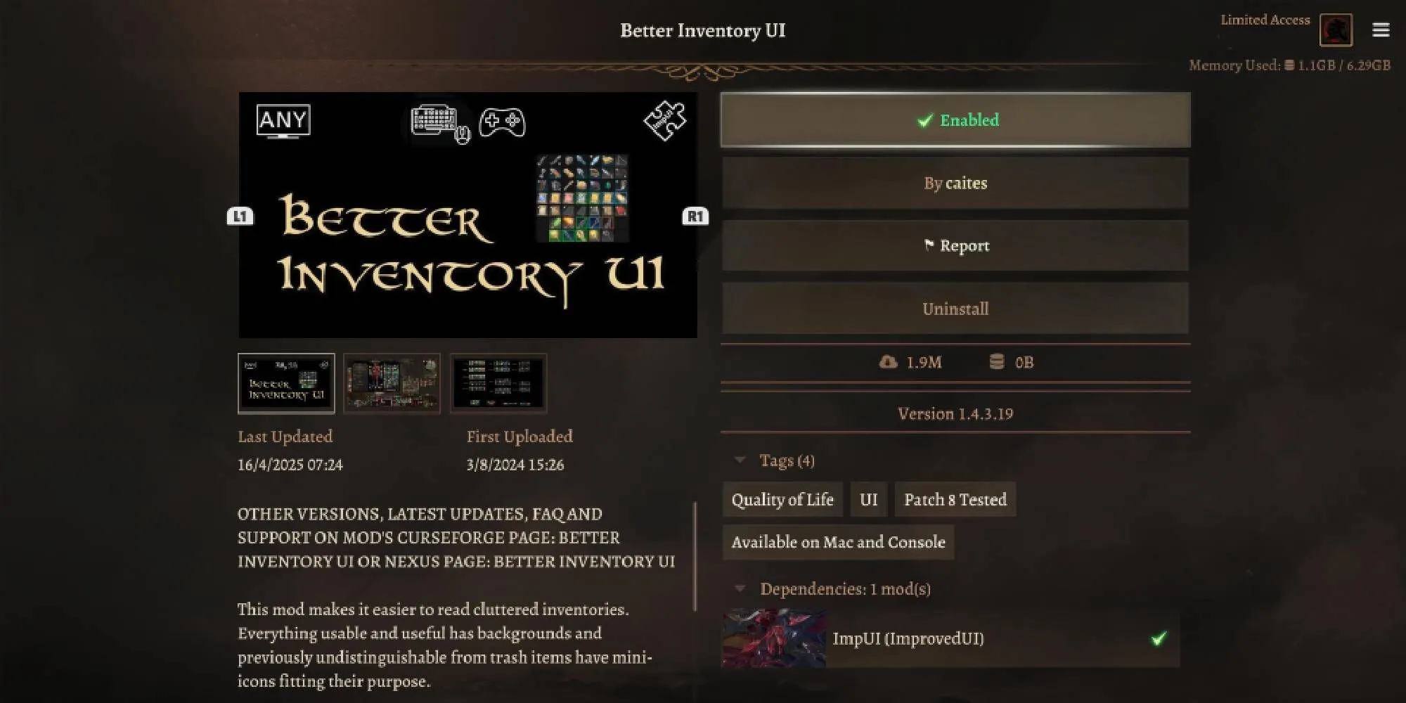Giao diện túi đồ được cải thiện nhờ mod trong Baldur's Gate 3 Patch 8