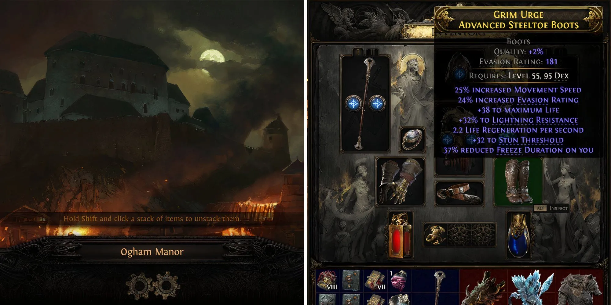 Giao diện xem đôi giày và nhân vật Ogham trong Path of Exile 2, nhấn mạnh tốc độ di chuyển