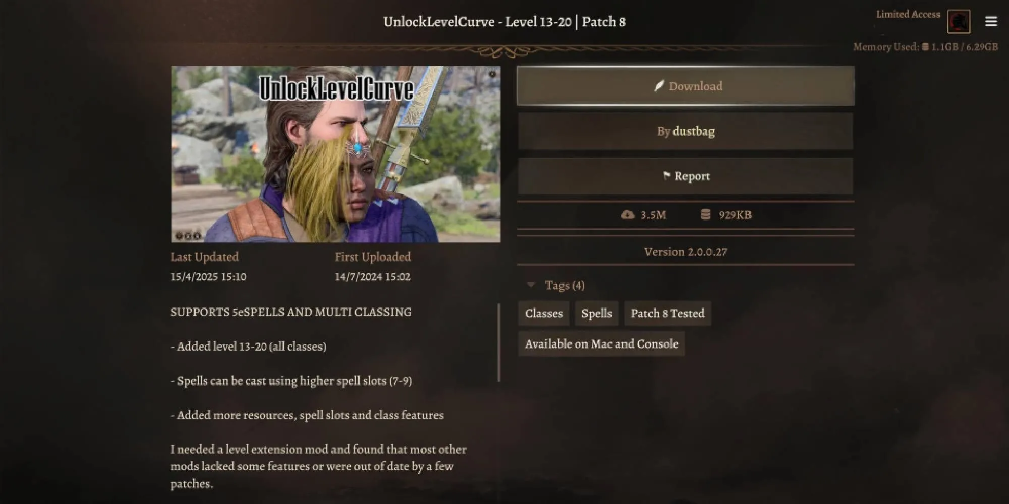 Giới hạn cấp độ nhân vật tăng lên 20 với mod UnlockLevelCurve Baldur's Gate 3