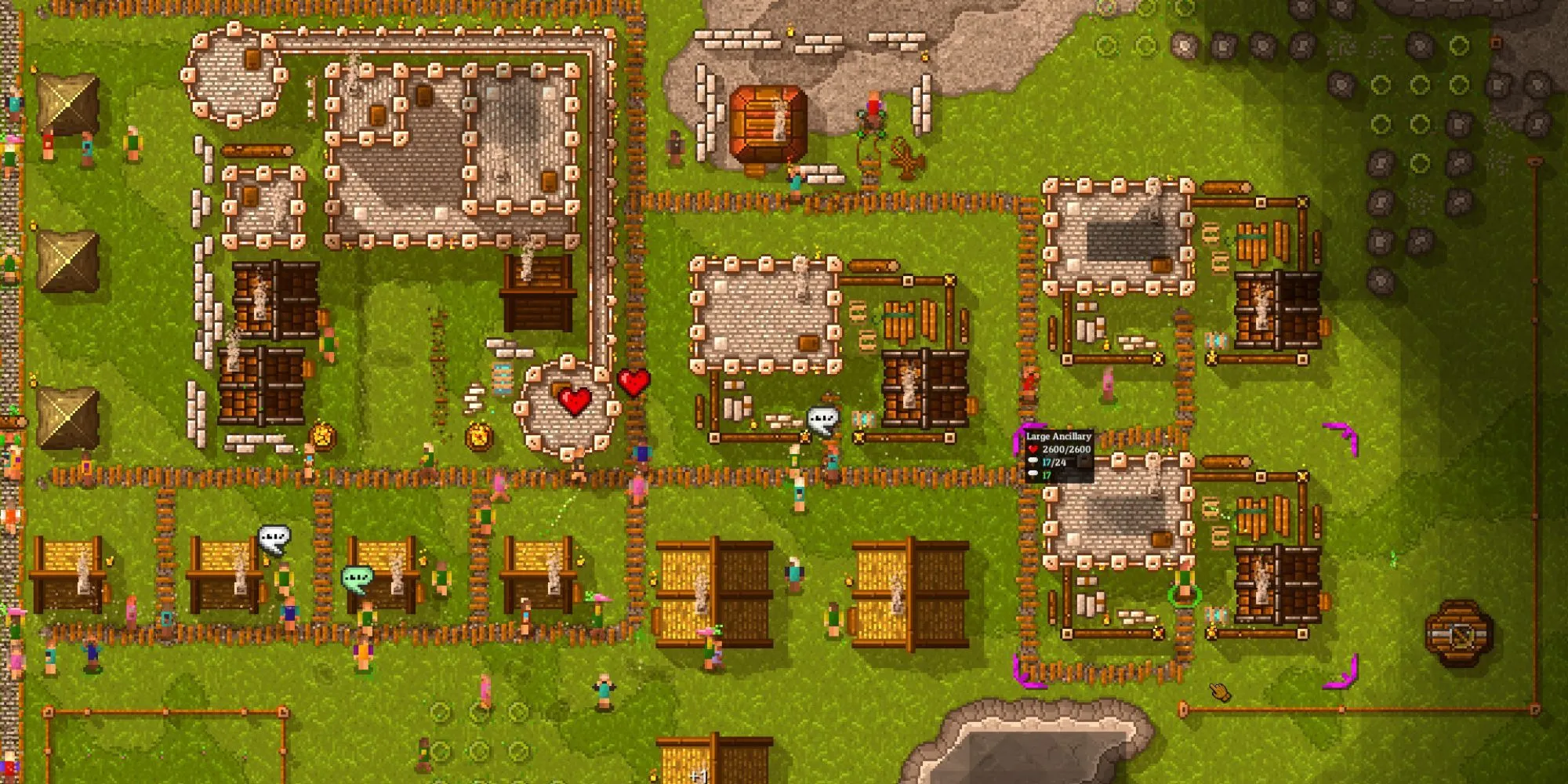 Góc nhìn từ trên cao xuống một khu định cư pixel art đang phát triển với các tháp phòng thủ và người dân di chuyển trong game mô phỏng thần thánh Rise to Ruins.