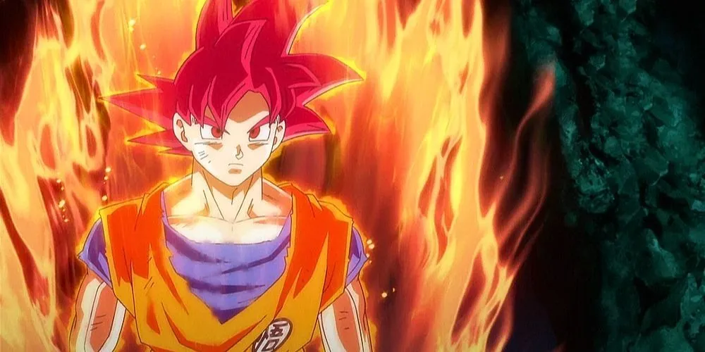 Goku phát ra aura màu đỏ trong dạng Super Saiyan God trong Dragon Ball Super