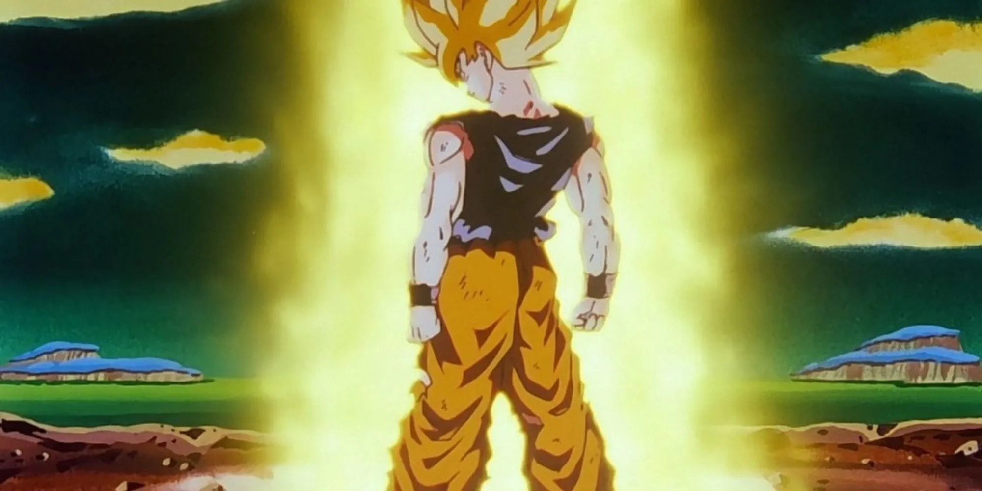 Goku Super Saiyan 1 lưng quay lại, aura vàng rực trong Dragon Ball Z