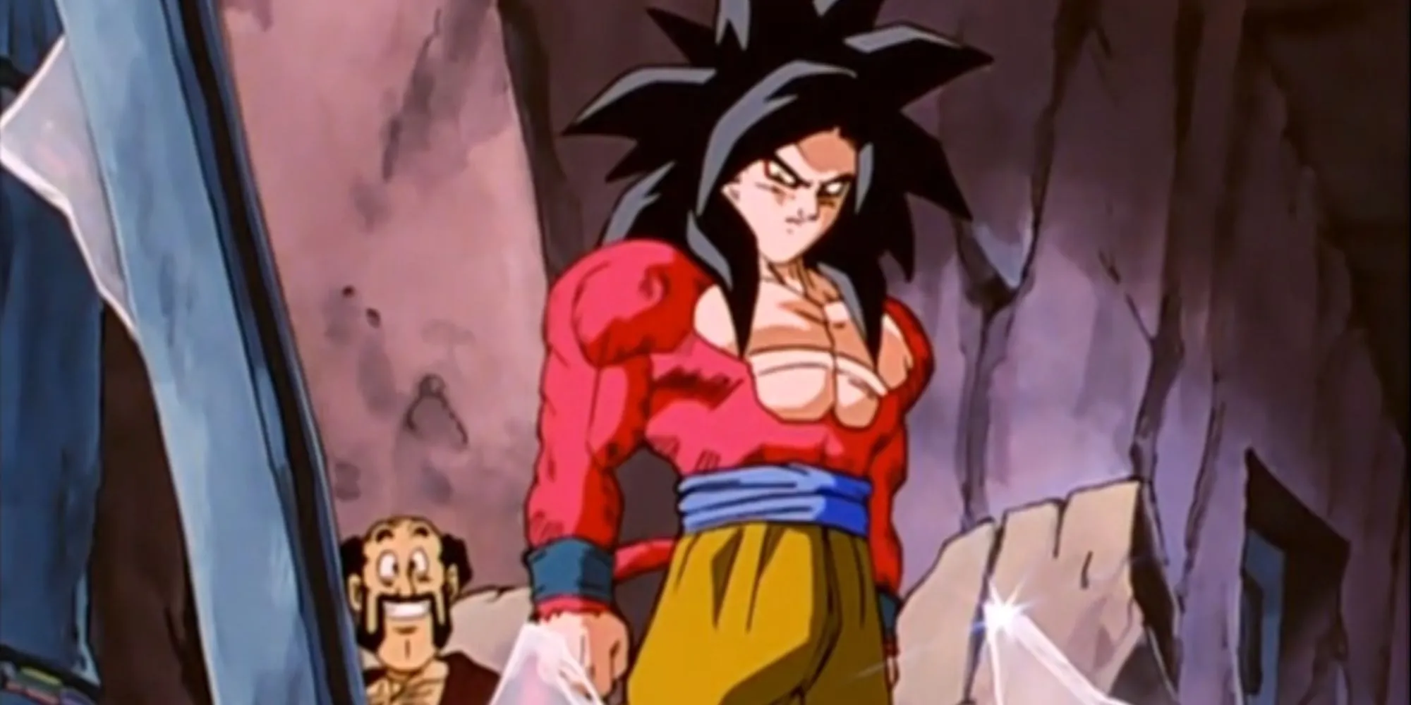 Goku Super Saiyan 4 với lông đỏ và tóc đen đứng trước một nhân vật mỉm cười trong Dragon Ball GT