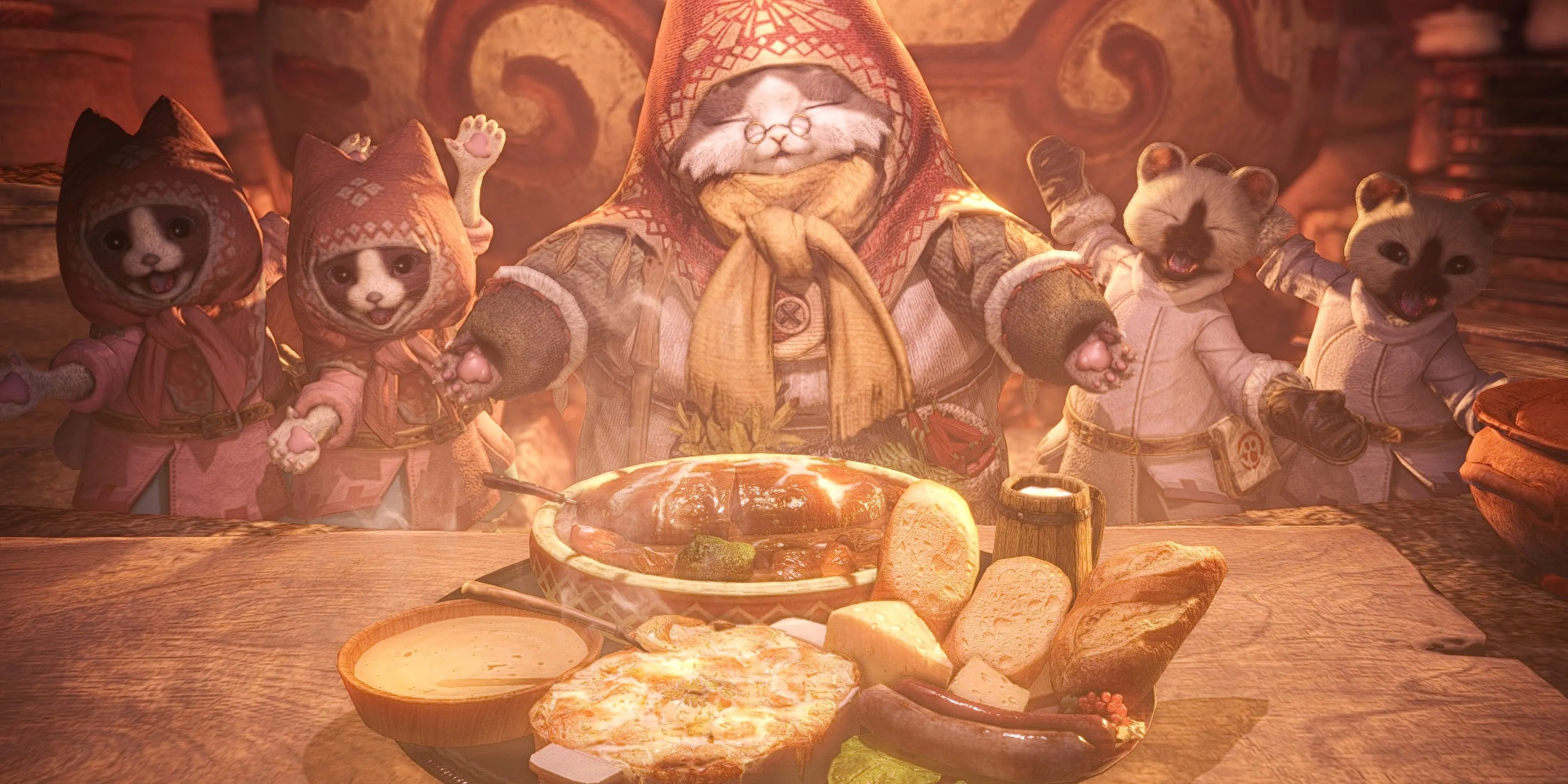 Grammeowster, chú mèo đầu bếp trong Monster Hunter World Iceborne, chuẩn bị một bữa ăn thịnh soạn