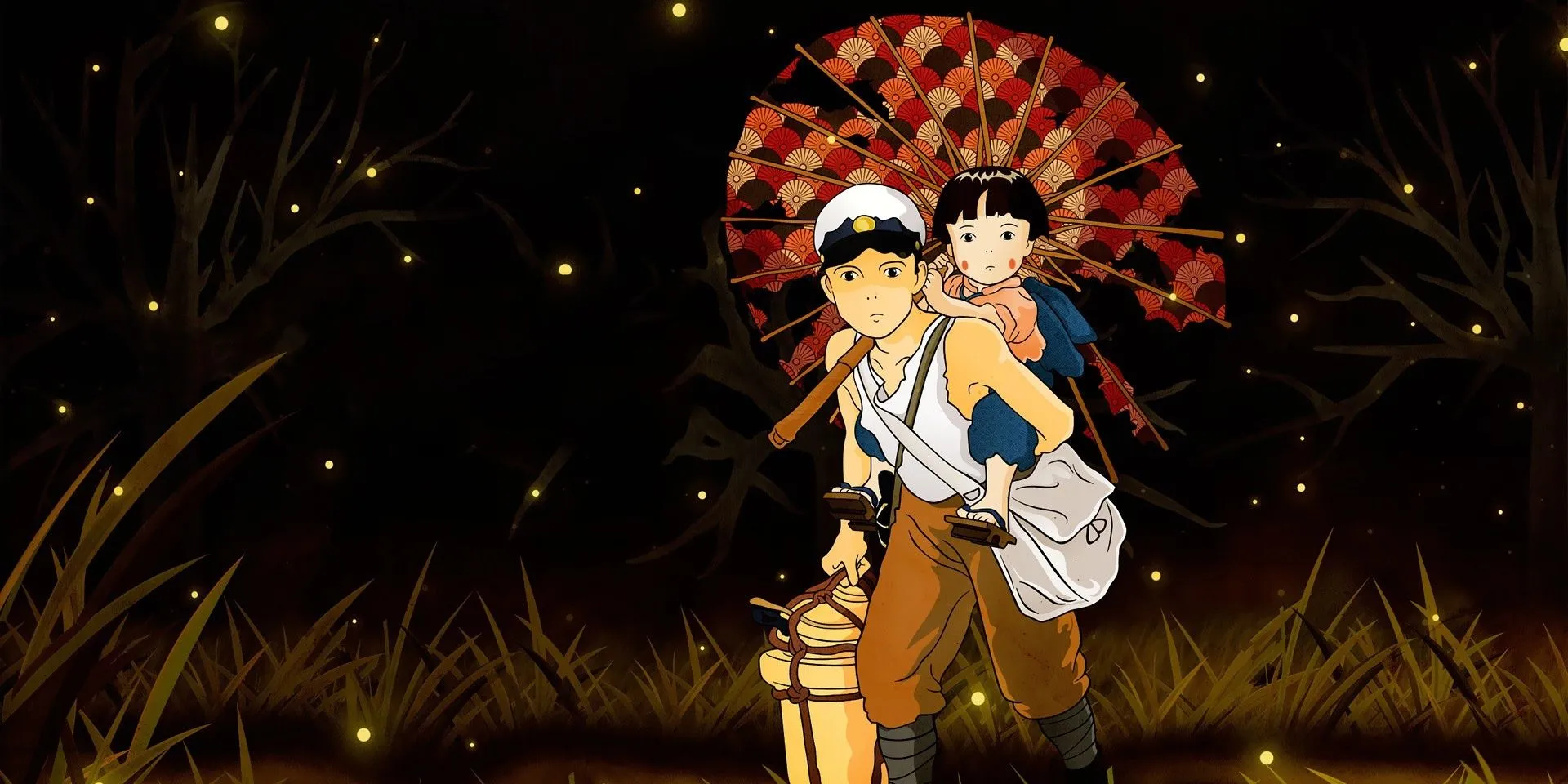 Hai anh em Seita và Setsuko ngồi cạnh nhau trong hang động thắp sáng bởi đom đóm, cảnh tượng biểu tượng của Grave of the Fireflies
