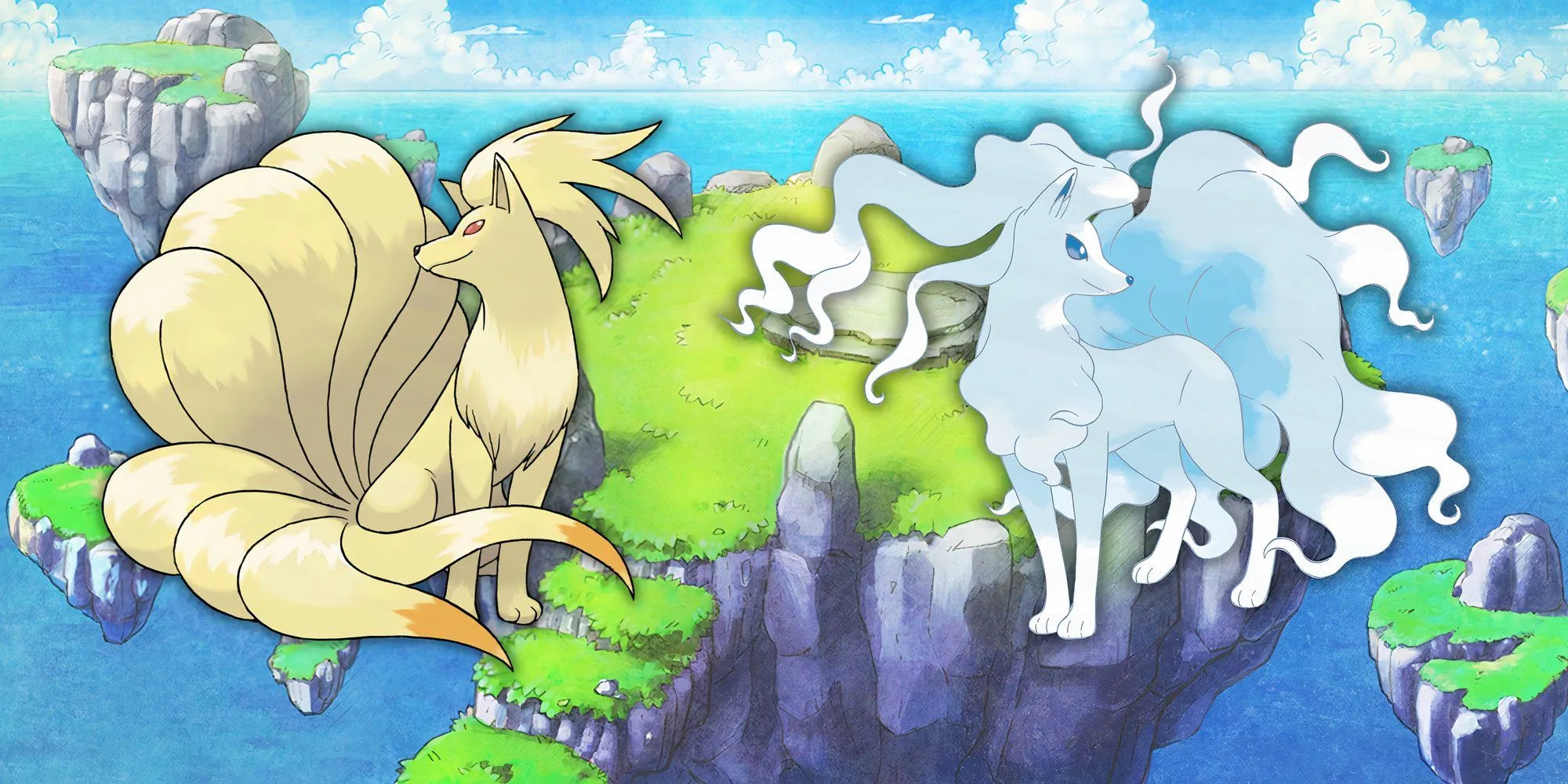 Hai biến thể của Ninetales: Ninetales Kantonian màu vàng với chín đuôi và Ninetales Alolan màu xanh nhạt với chín đuôi bồng bềnh