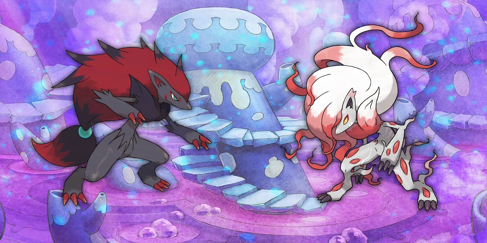 Hai biến thể của Zoroark: Zoroark Kantonian màu đen đỏ và Zoroark Hisuian màu trắng xám