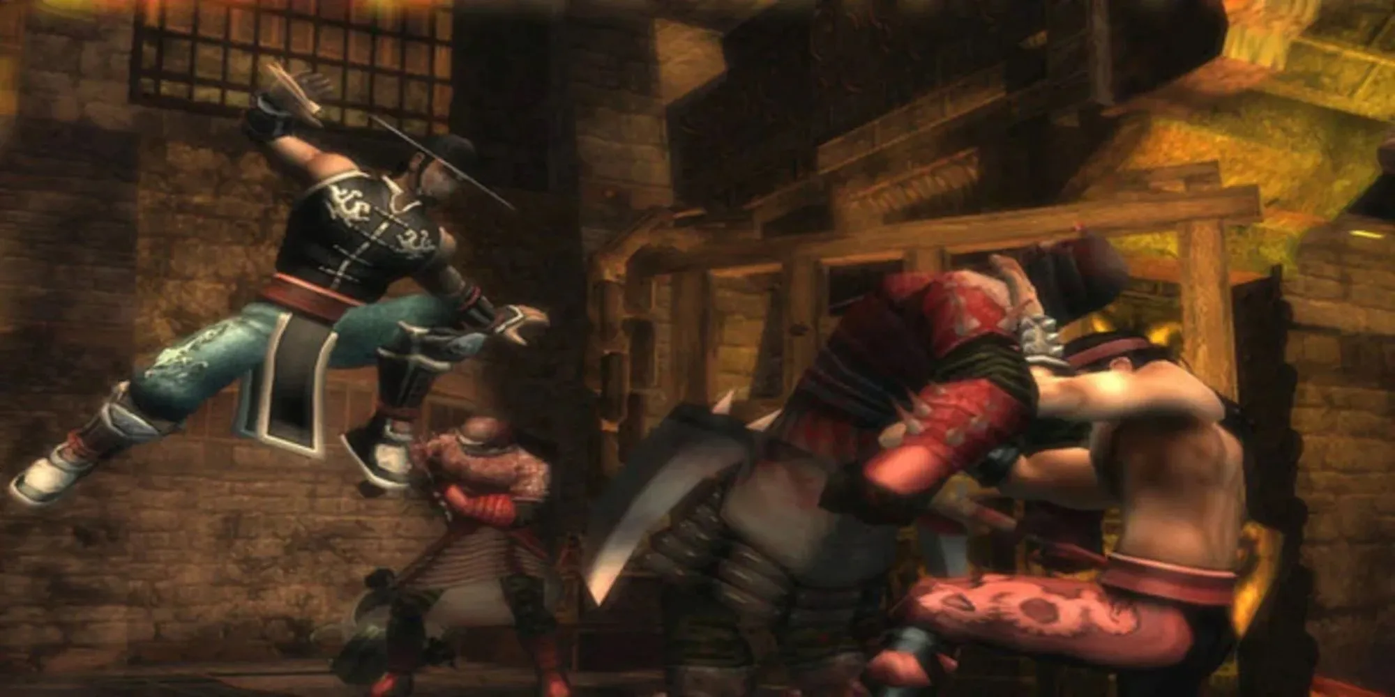 Hai chiến binh Liu Kang và Kung Lao thực hiện đòn thế võ thuật trong game hành động Mortal Kombat Shaolin Monks trên PS2