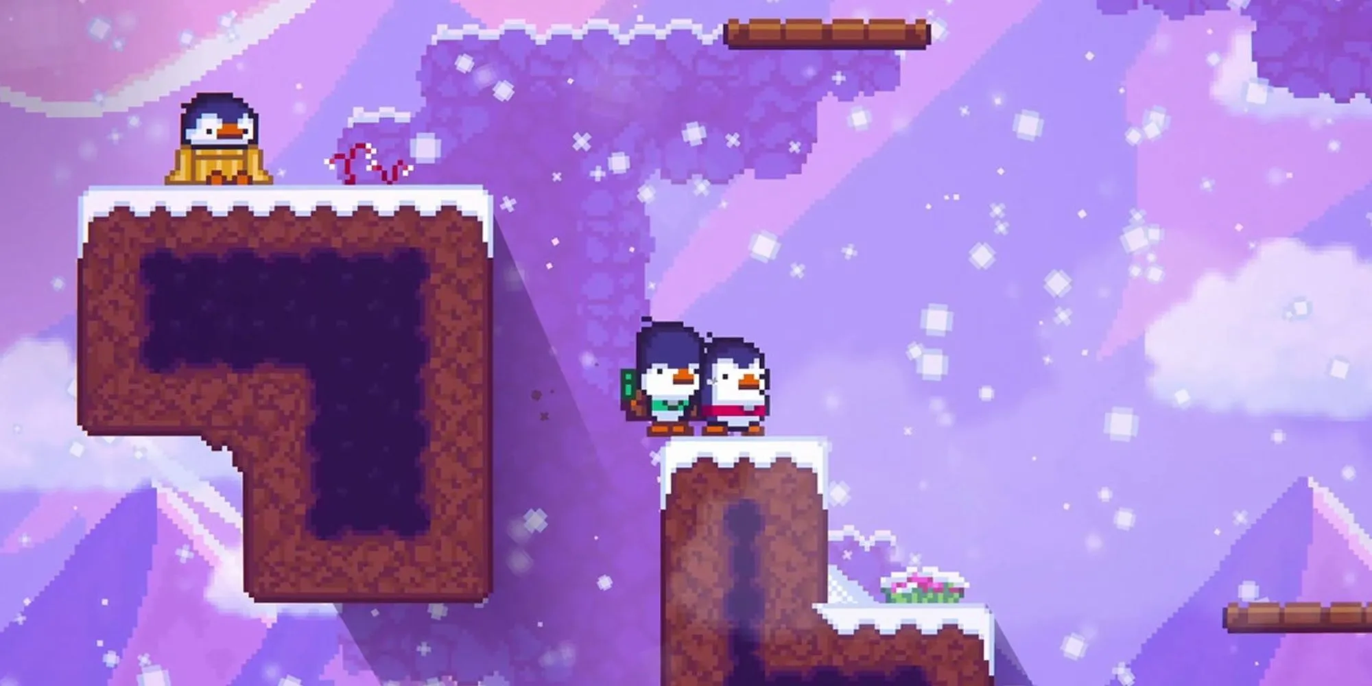 Hai chú chim cánh cụt Bread và Fred đang leo núi và đu dây trong game Bread &amp; Fred.
