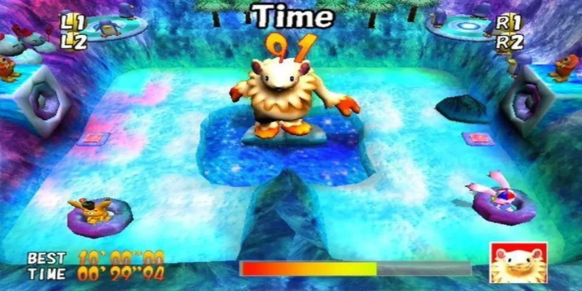 Hai chú thỏ đáng yêu Cookie và Cream di chuyển qua một chướng ngại vật đầy màu sắc trong game giải đố phiêu lưu The Adventures of Cookie &amp; Cream trên PS2
