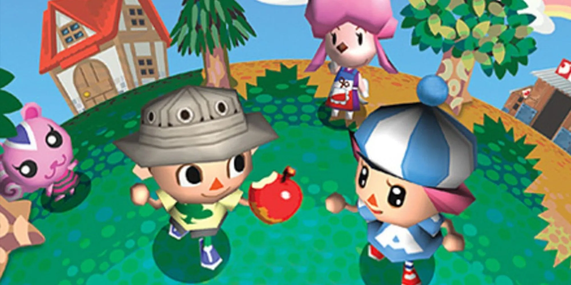 Hai cư dân thị trấn chia sẻ quả táo trong hình ảnh chính thức của Animal Crossing: Wild World