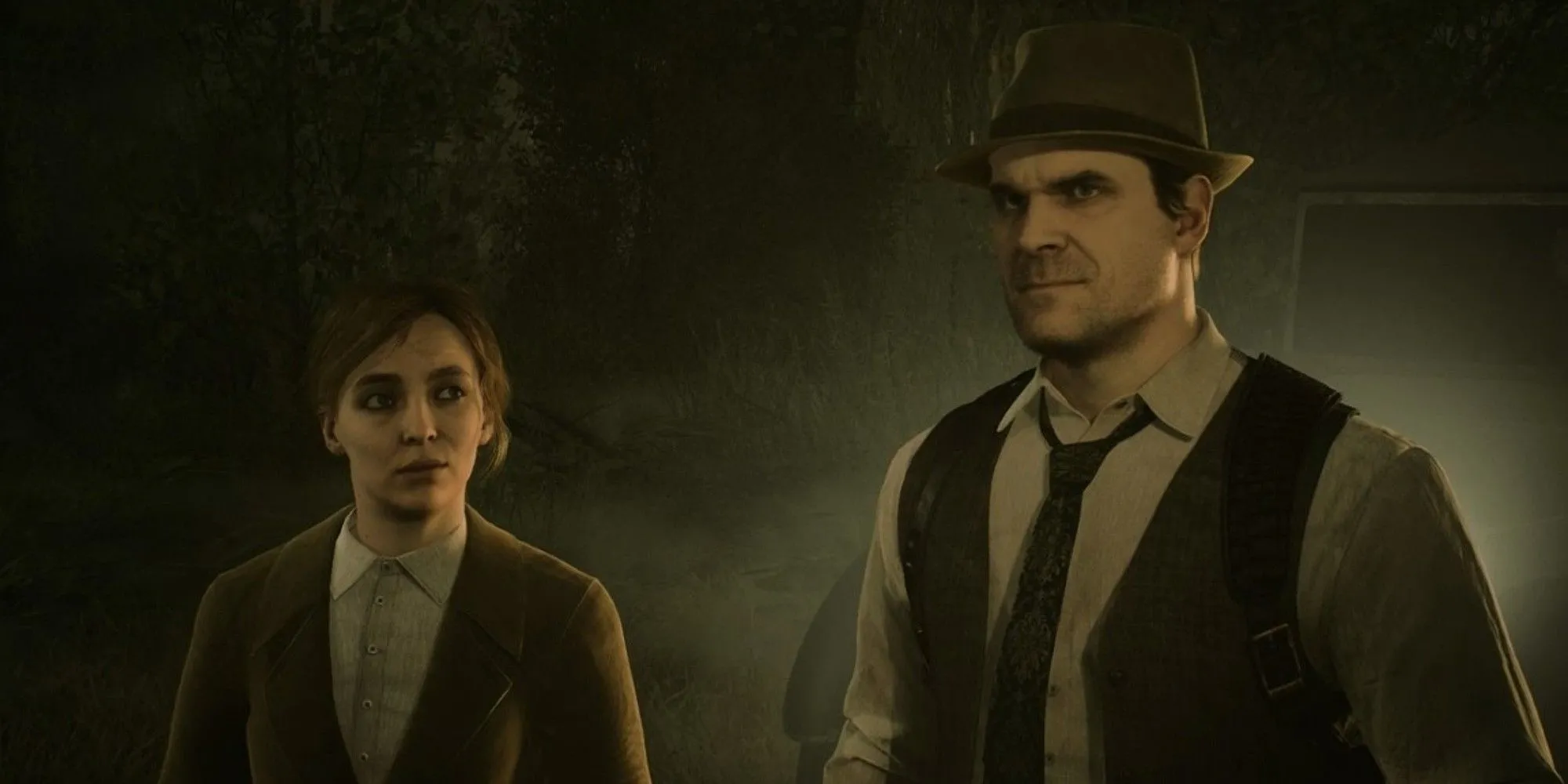 10 Game PS Plus Tệ Nhất Mà Bạn Nên Tránh Xa 1 Hai diễn viên David Harbour và Jodie Comer trong game kinh dị Alone in the Dark (2024) - Tựa game từng có mặt trong danh sách PS Plus Monthly.