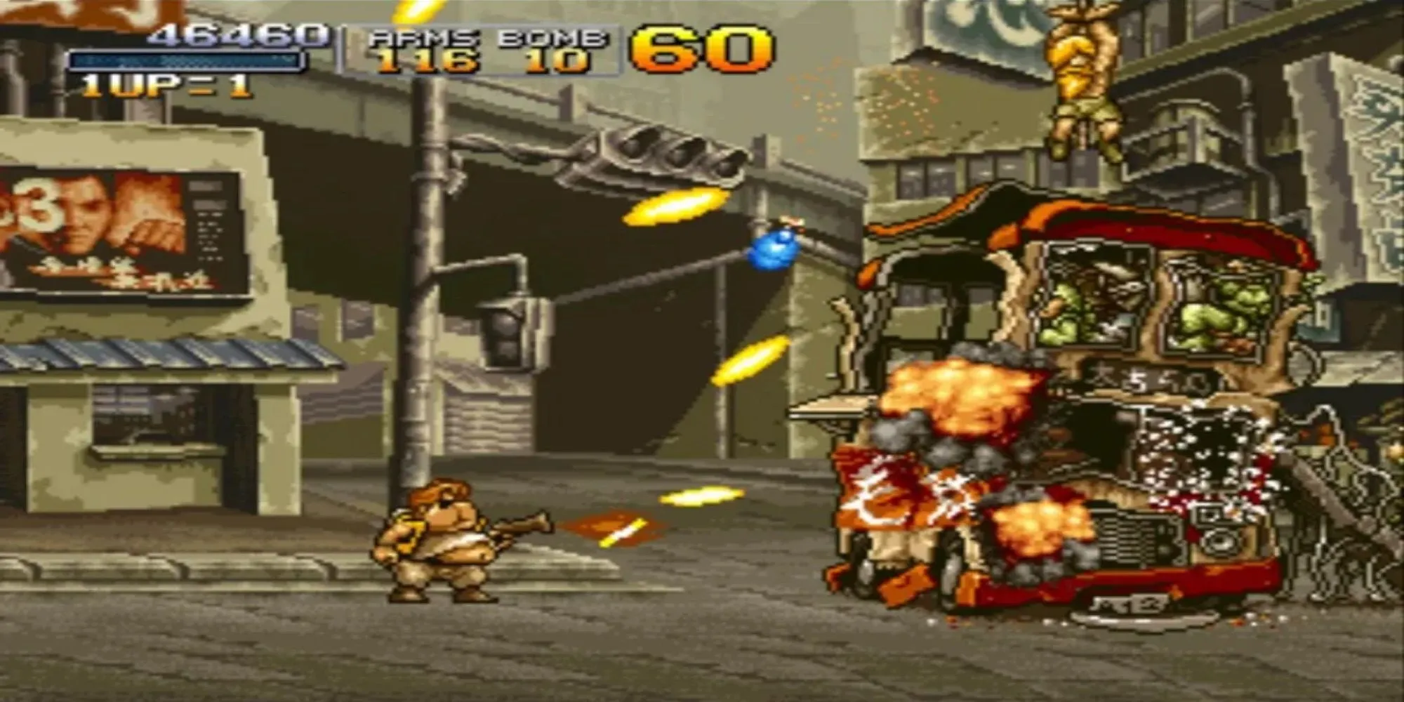 Hai người chơi đang di chuyển và bắn trong màn chơi Metal Slug X trên PS1