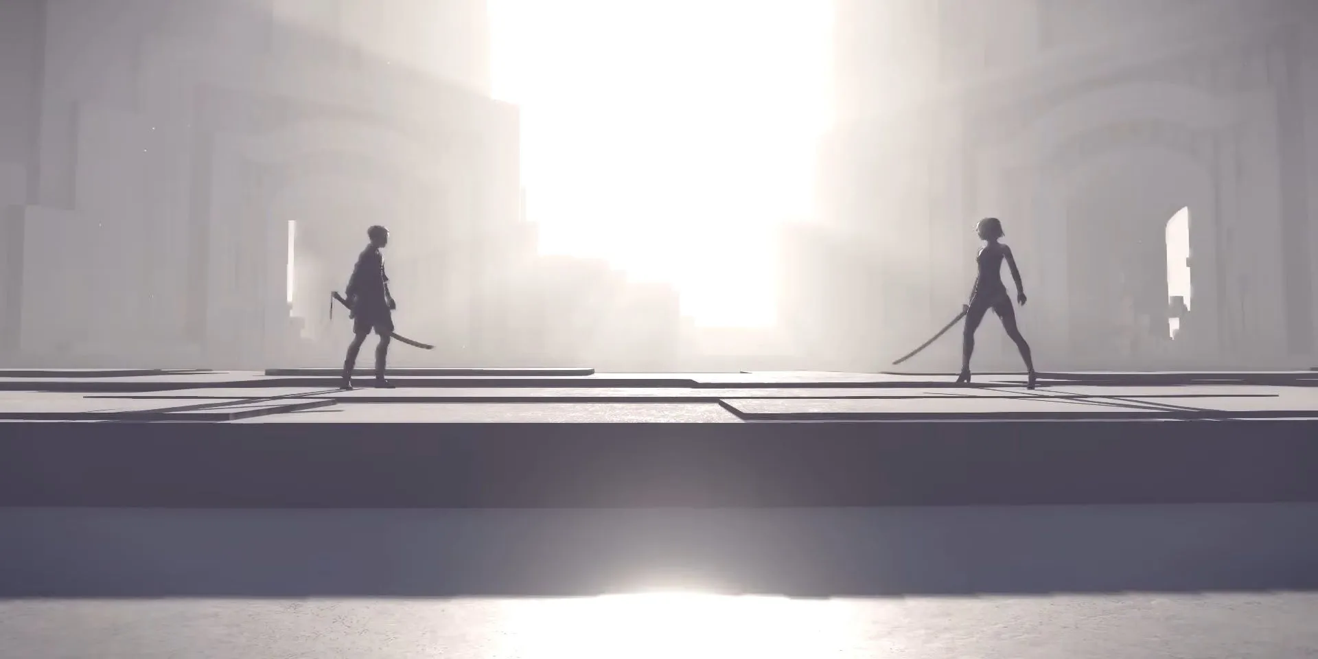 Hai nhân vật 9S và A2 đối đầu trong tựa game hành động nhập vai NieR Automata