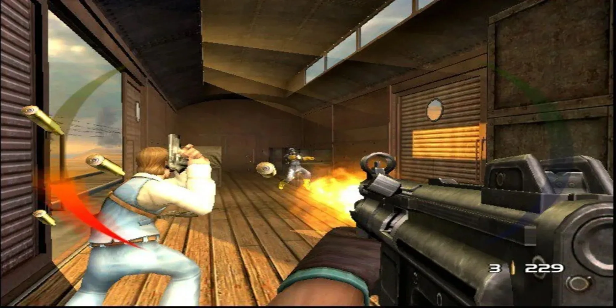 Hai nhân vật chính cùng chiến đấu chống lại kẻ thù trong game bắn súng góc nhìn thứ nhất Timesplitters: Future Perfect trên PS2