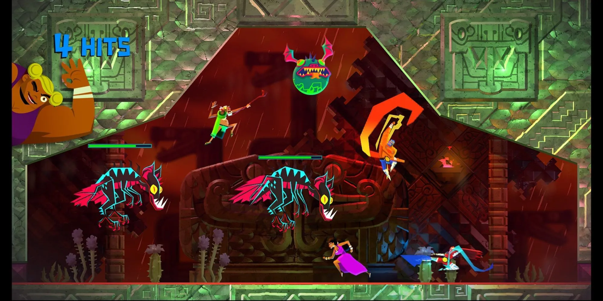 Hai nhân vật đang chiến đấu trong chế độ co-op của Guacamelee 2, với hiệu ứng hình ảnh rực rỡ