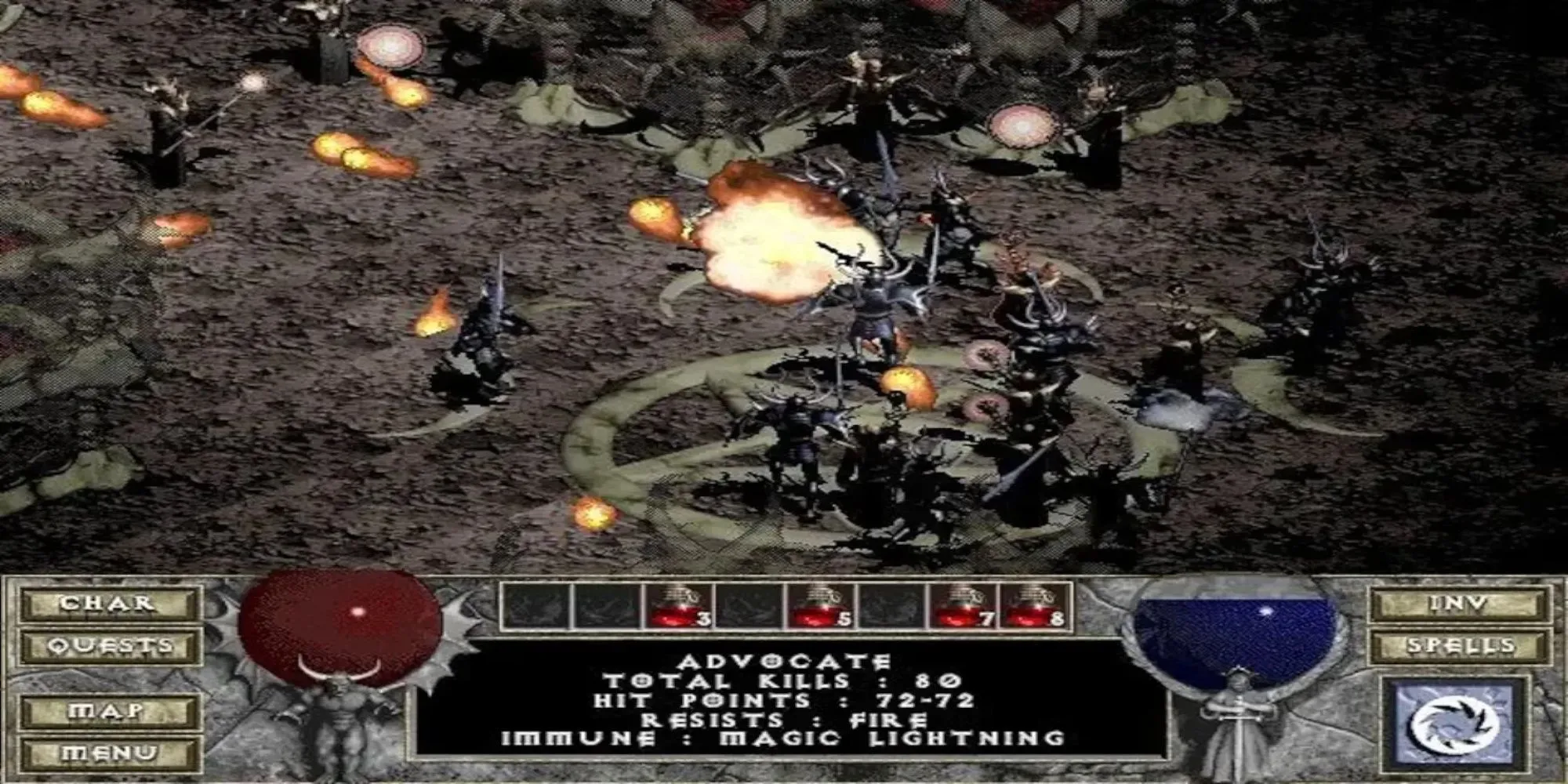 Hai nhân vật đang khám phá hầm ngục u ám trong game Diablo co-op trên PS1