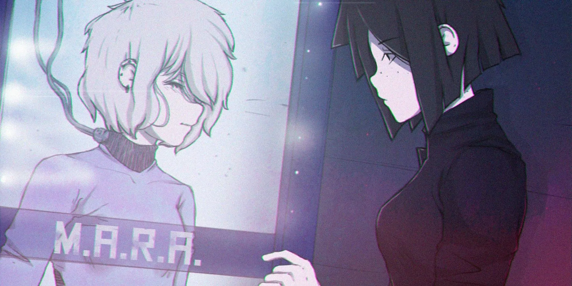 Hai nhân vật Mara (AI) và Cila (con người) trong game visual novel cyberpunk Synergia