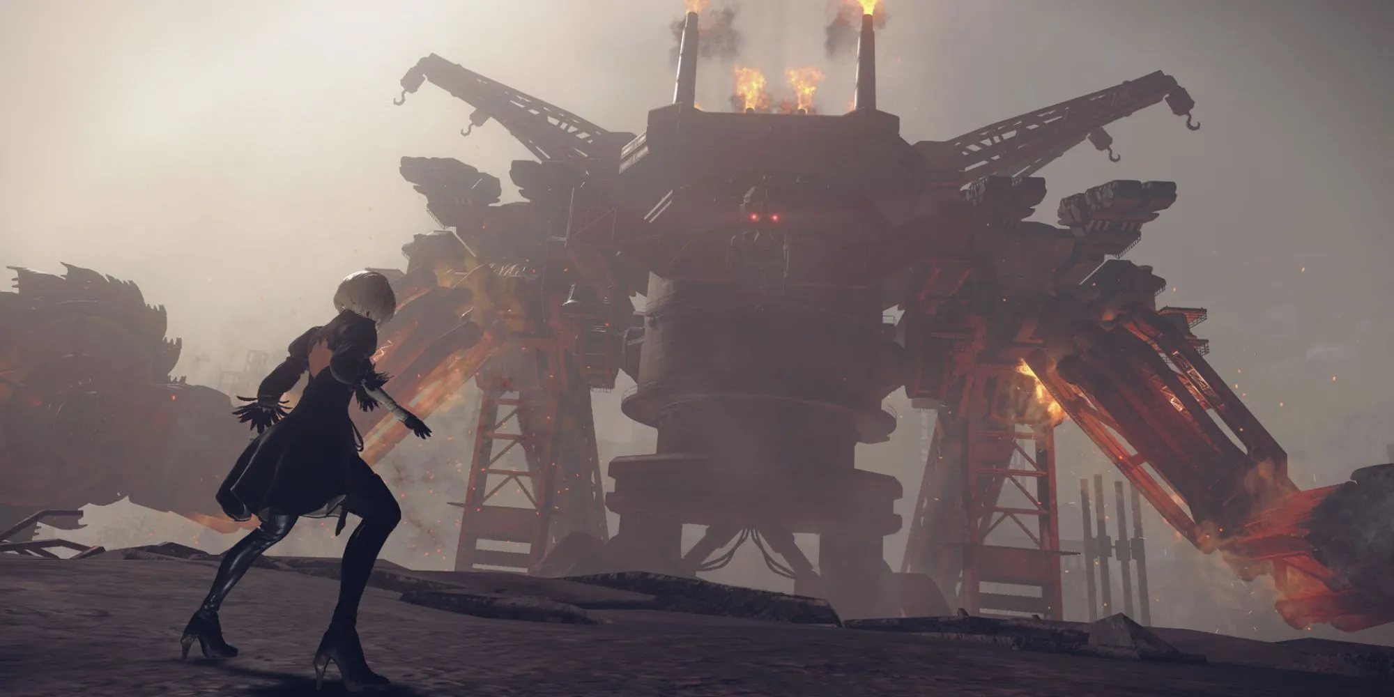 Hai robot 2B và 9S đối mặt với kẻ thù trong NieR Automata