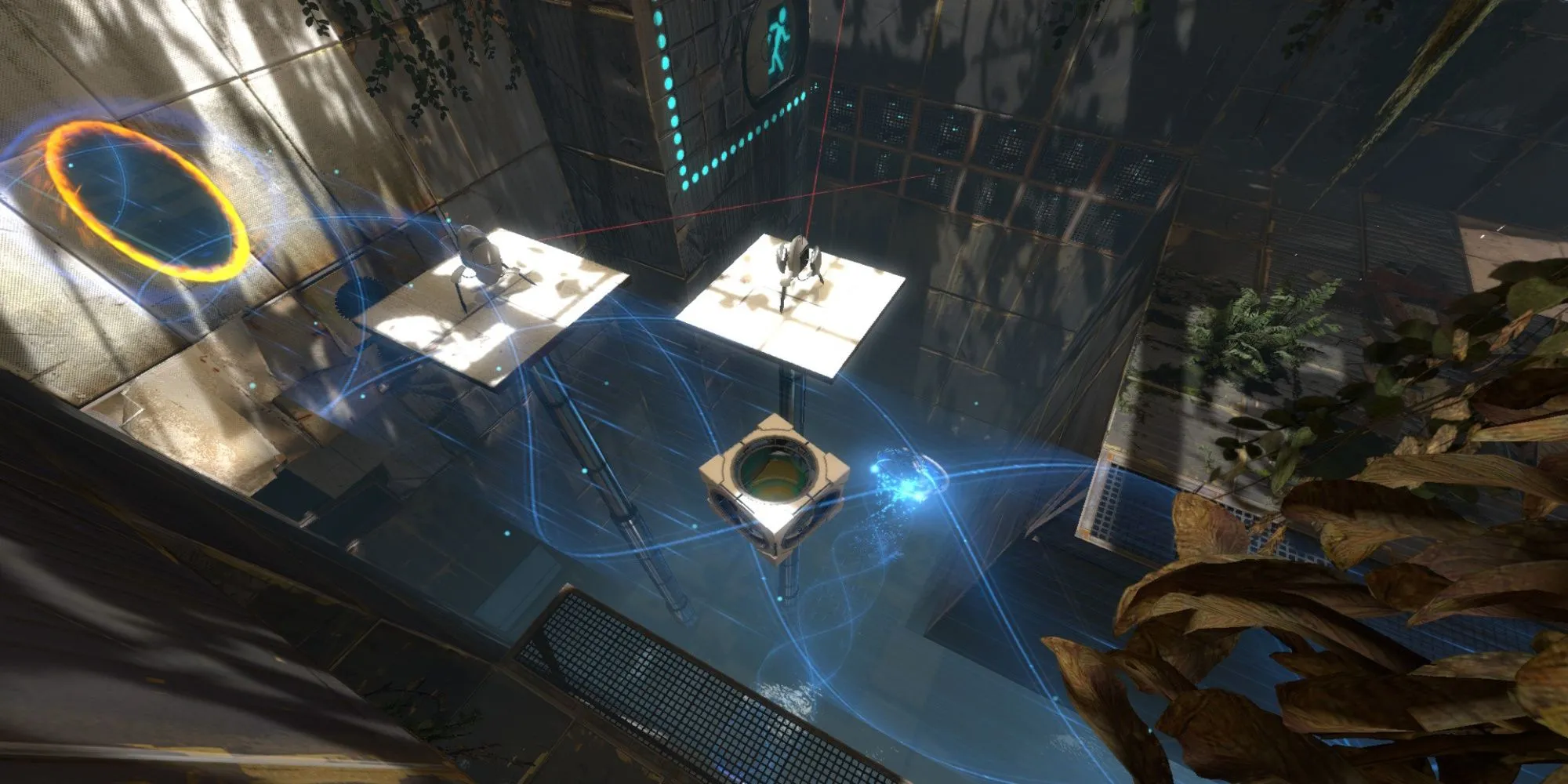 Hai robot co-op Atlas và P-Body trong Portal 2 đang sử dụng súng Portal
