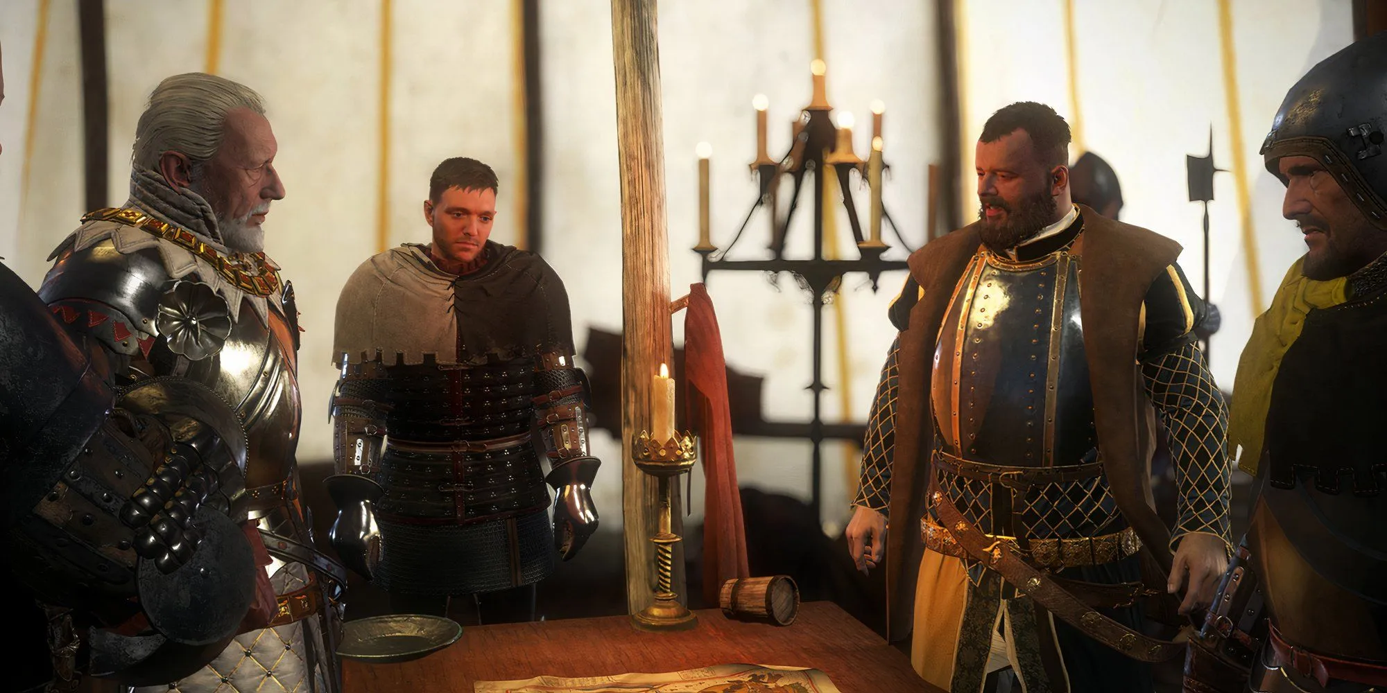 Henry từ Kingdom Come: Deliverance với các nhân vật khác bên trong lều