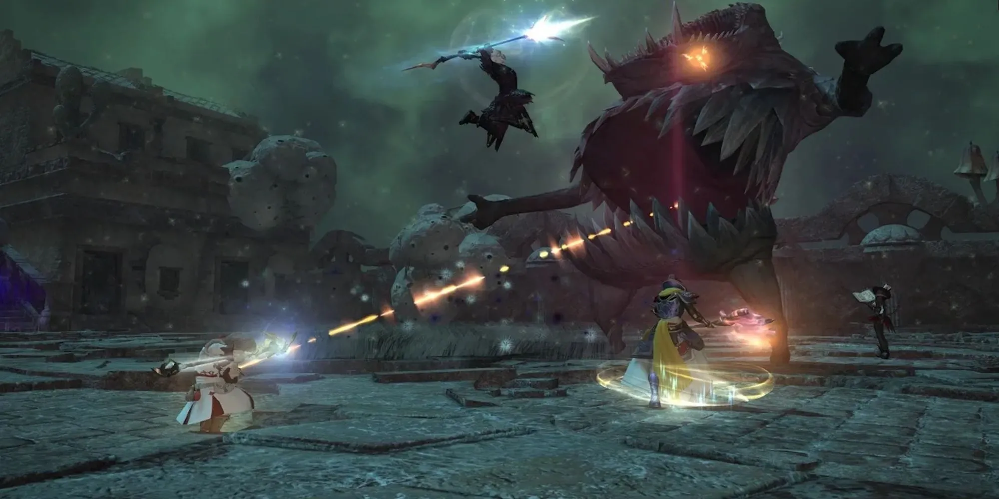 Hiệu ứng thời tiết Gloom màu tím đặc trưng trong game MMORPG Final Fantasy XIV.