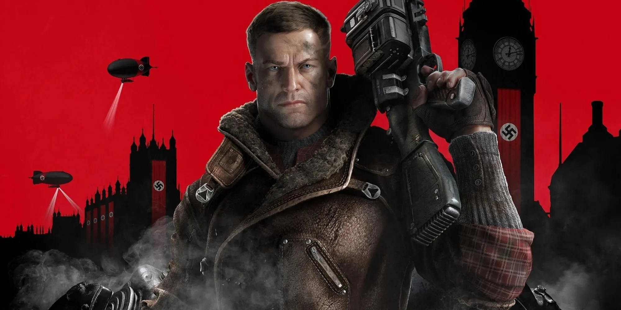 Hình ảnh artwork nhân vật chính B.J. Blazkowicz của game Wolfenstein II The New Colossus, thể hiện phong cách bạo lực đặc trưng của series.