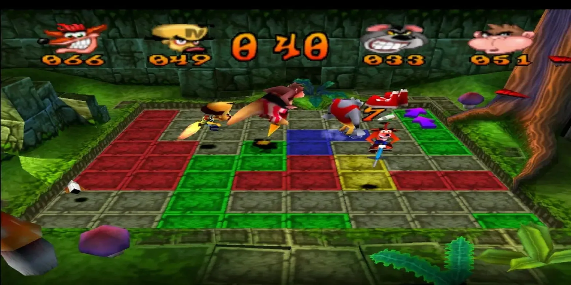 Hình ảnh bốn nhân vật Crash Bandicoot trong mini-game trượt băng Crash Bash trên PS1