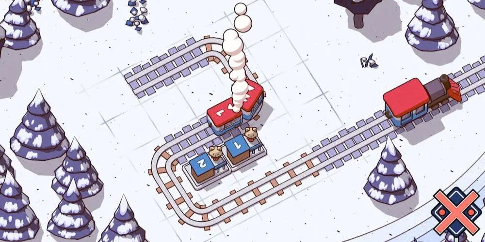 Hình ảnh các toa tàu đáng yêu và đường ray phức tạp trong game Railbound, minh họa gameplay nối ray tàu cho những chú chó du lịch vòng quanh thế giới.