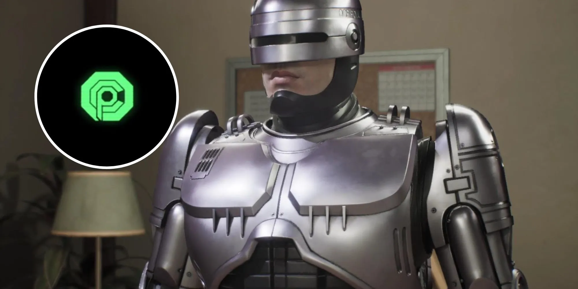 Hình ảnh chia đôi: RoboCop với logo OCP trong game Rogue City